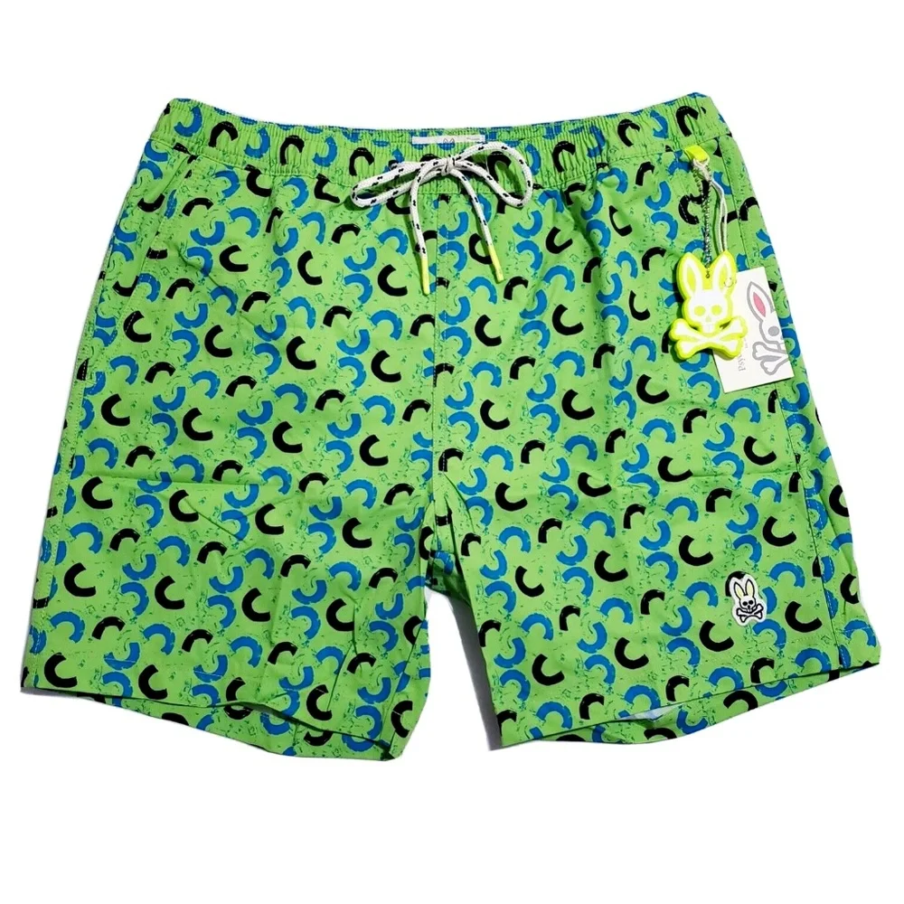NEW Psycho Bunny Mens XXL Green Gecko Bold Brushstroke Swim Trunks